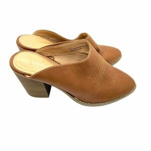 Express Heels Shoes Slip On Brown Faux Leather Mule Block Heels sz 8